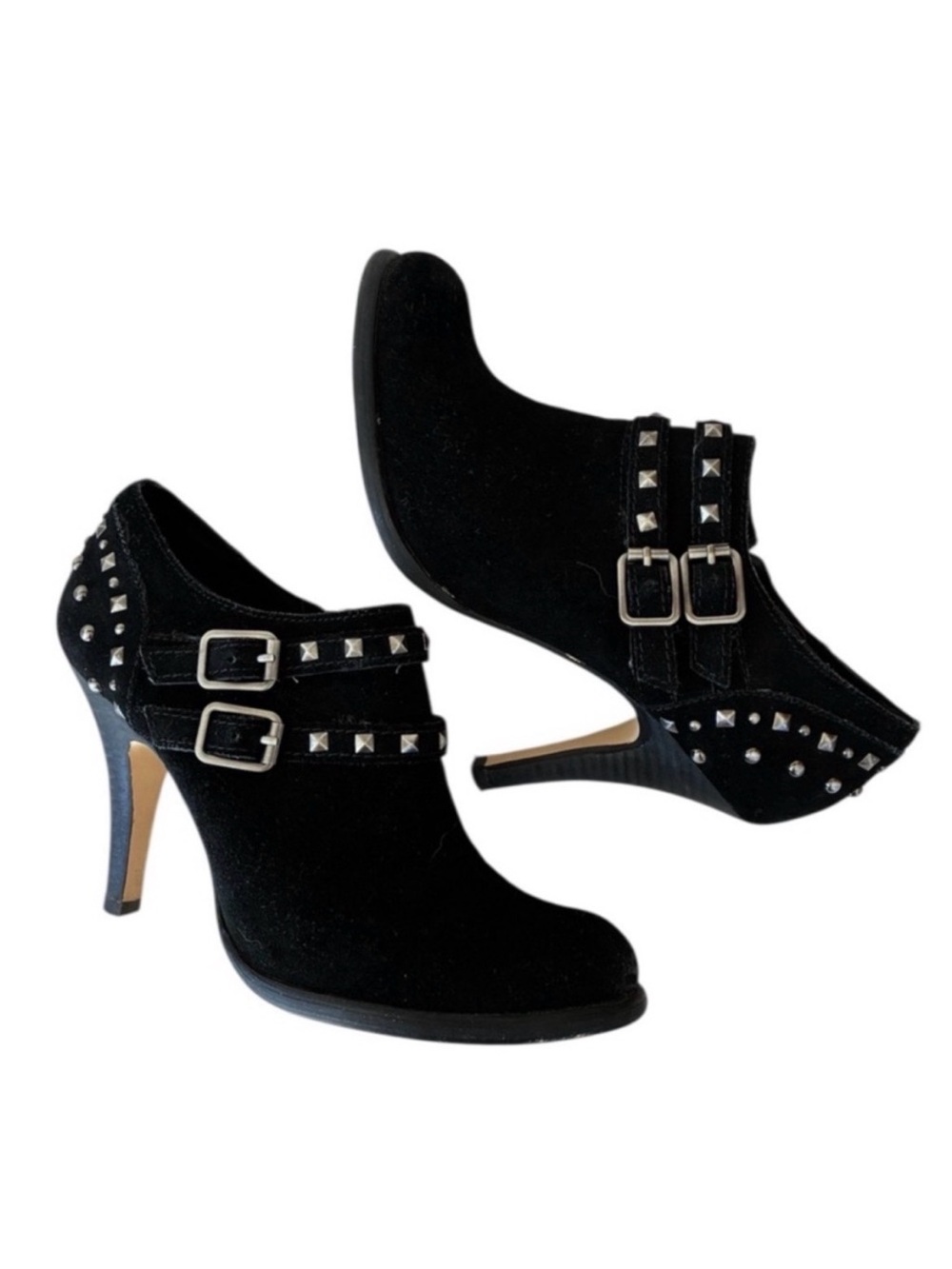 Seychelles Black Suede Heeled Booties with Double Buckles and Studs